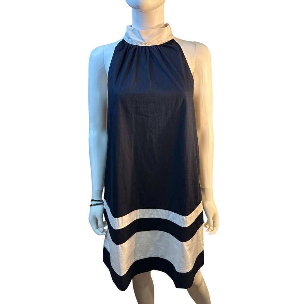 Christian Lacroix Navy & White Halter Neck Dress Back Tie Detail Size S NWT